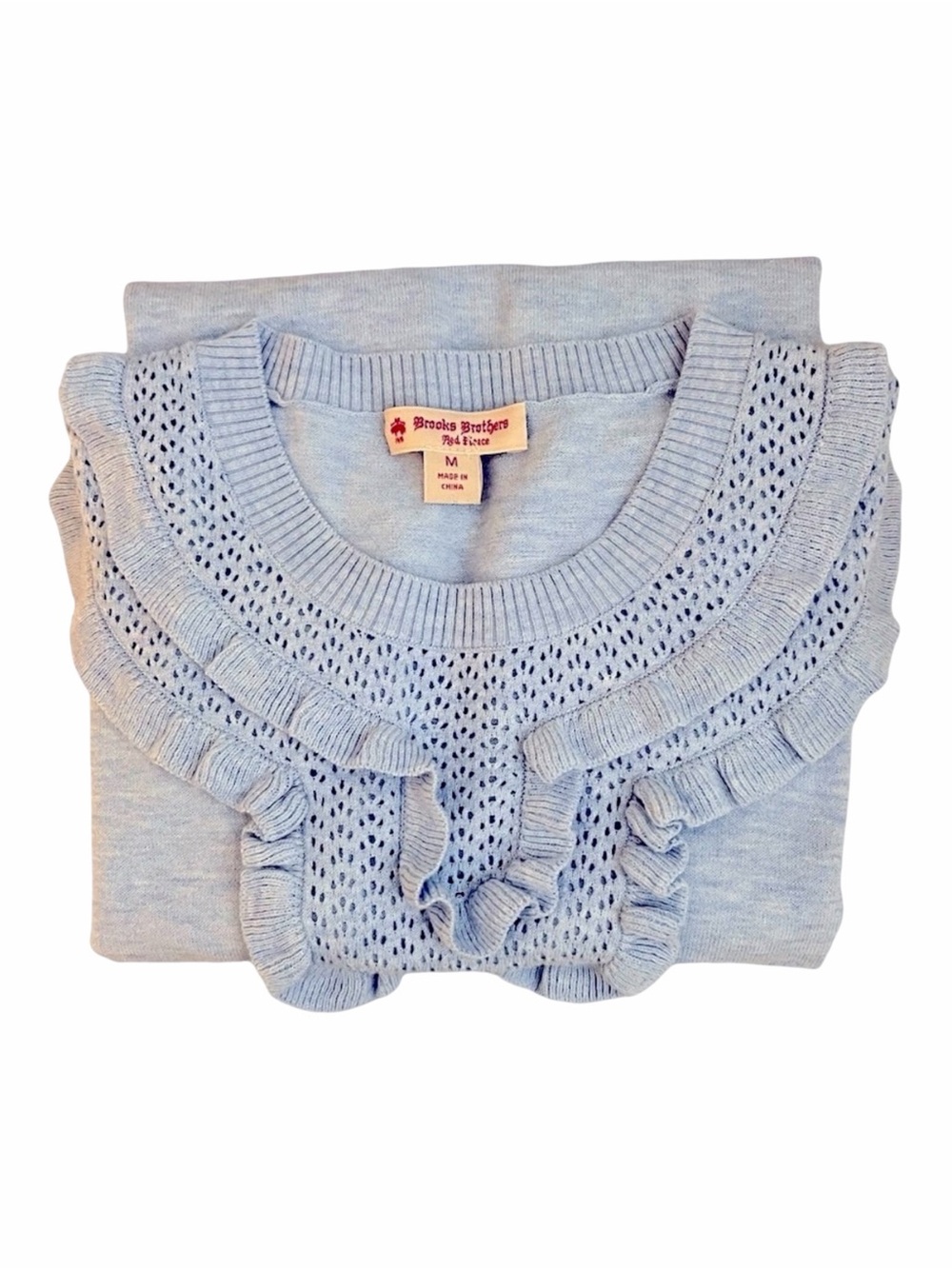 Brooks Brothers Red Fleece Light Blue Ruffle Knit Top Crewneck Cotton Blend M